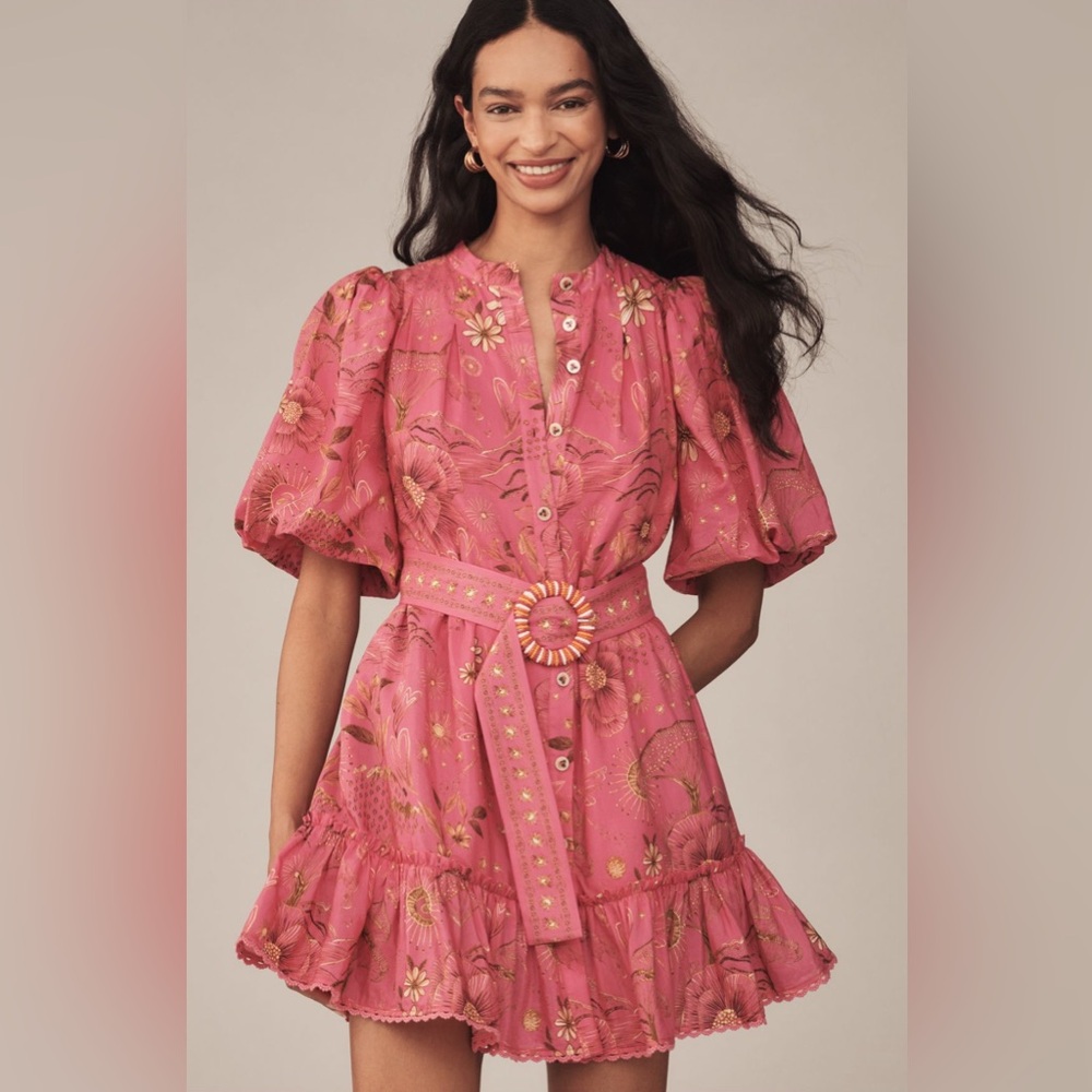 FARM Rio/ Anthropologie Pink Floral Puff Sleeve Dress